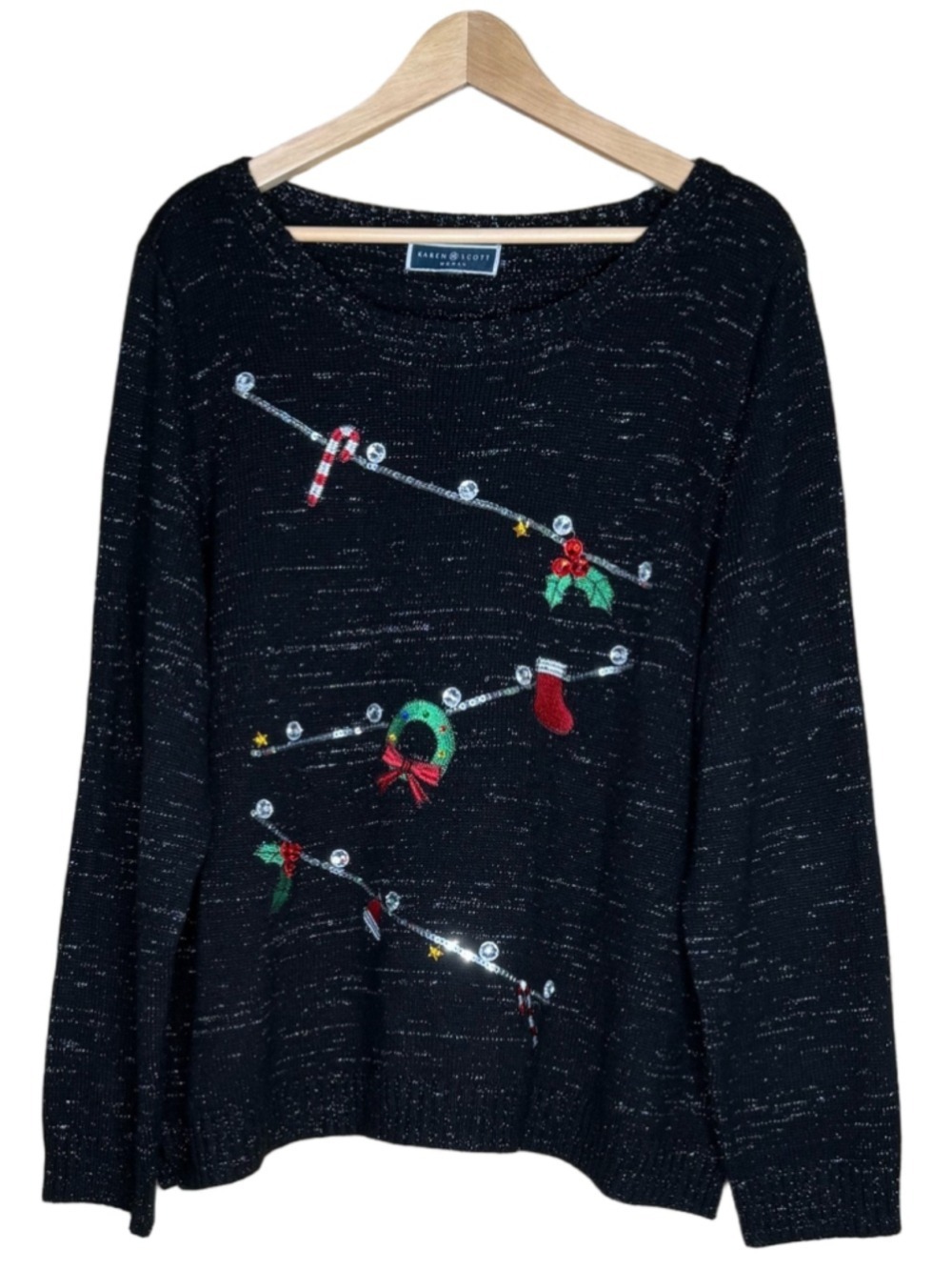 Karen Scott Black & Metallic Silver Festive Knit Holiday Sweater size 2X
